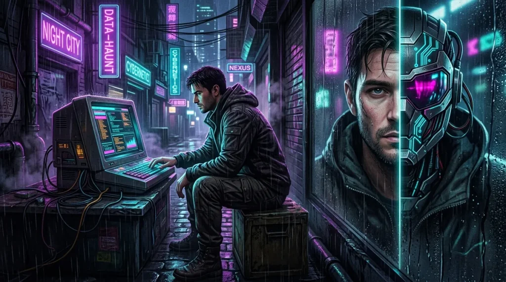 Rostro dividido entre la carne humana y la máscara digital de circuitos